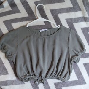 Ces Femme Gray Puff Sleeve Crop Blouse sz 2 - 4 (xs - s)